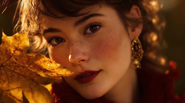 Close-up portrait of a young freckled woman; warm light highlights skin and eyes; shallow depth of field softly blurs the background for an intimate, cinematic look