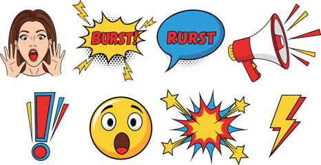 Comic Pop Art Speech Bubble and Explosion Vector Set with Megaphone Lightning Shocked Emoji Woman Shouting and Comic Sound Effects Illustration © ABDUL HAKIM