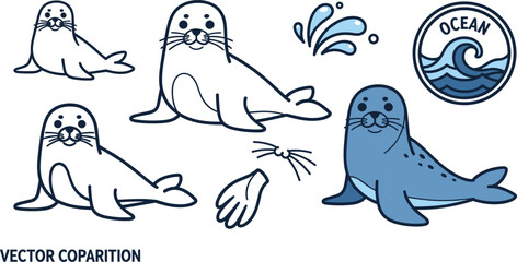 Cute Cartoon Seal Character Collection with Ocean Splash, Marine Mammal Poses, Flippers and Sea Animal Elements Vector Illustration Set © ABDUL HAKIM