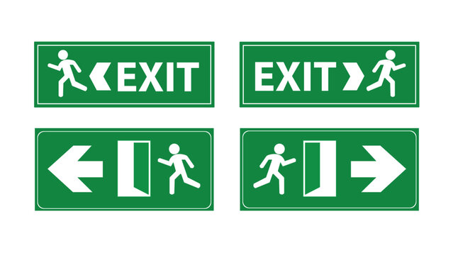 Emergency Exit Sign Set with Running Man Direction Arrows Safety Evacuation Symbols