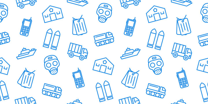 Seamless military pattern with gas mask, ammunition, tank, walkie talkie, and dog tags. Tactical army doodle for gear and prints