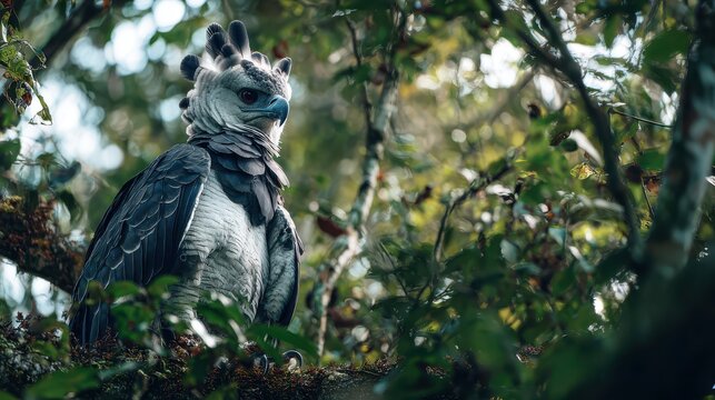 Harpagornis moctezuma resting on a branch in a forest during daylight hours, displaying its feathers and unique features in a natural habitat