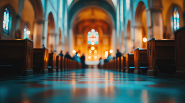 Blurred background of the interior of a Catholic church, parishioners in pews, Sunday service, Christian faith, religious architecture, nave, altar, stained glass windows, out-of-focus photo, bokeh