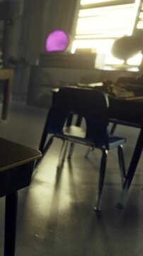 A classroom shows an empty blue chair with sunlight shining through the window. Light and shadow create a warm atmosphere in the room. Desks and stacks of books are visible around.