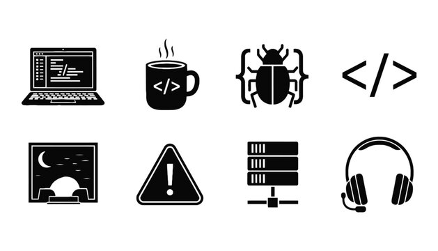 A set of computer icons including laptop, coffee mug, and bug silhouette