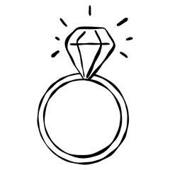 Hand-Drawn Sparkling Diamond Engagement Ring Doodle, Wedding Jewelry and Proposal Symbol Element. © itim2101