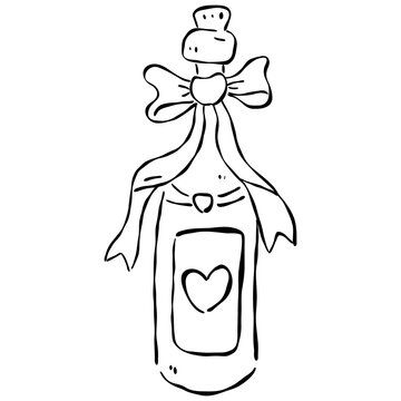 Hand-Drawn Wedding Wine Bottle Doodle with Heart Label and Bow, Party Cheers and Love Celebration Element.