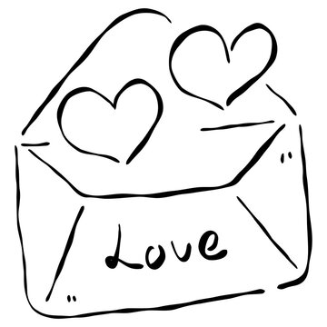 Hand-Drawn Open Wedding Envelope Doodle with Hearts, Romantic Love Letter and Greeting Card Element.