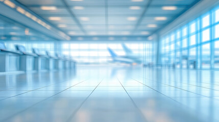 Obraz premium Blurred background of a modern airport hall, check-in counter, airplanes outside the window, departure lounge, arrival, travel, architecture, out-of-focus photo, copy space, bokeh