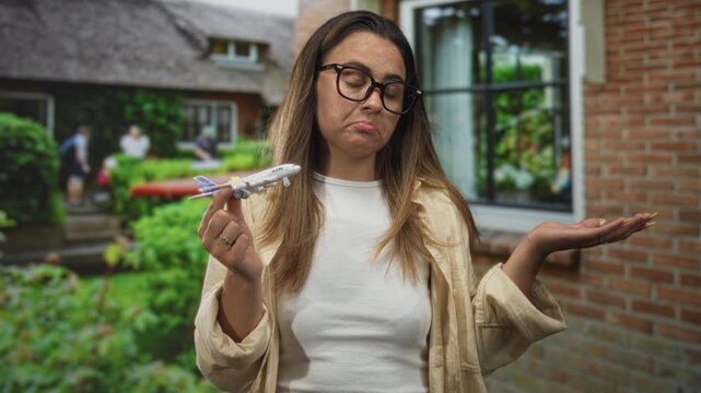 Woman holding toy airplane and shrugging with palm up at building entrance near house doorway; resigned doubt.