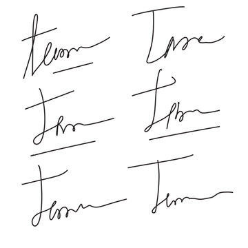Autograph or business signature of facsimile handwritten by pen, isolated vector set. Name or Surname personal signatures in letters, handwriting ink pen or facsimile examples for documents in eps 10.