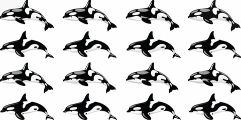 A repeating pattern of black and white orca whales on white © Rahul