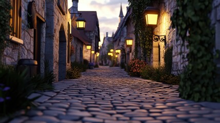Obraz premium Cobblestone street in a historic village with lanterns at dusk surrounded by stone buildings and vibrant flowers along the path
