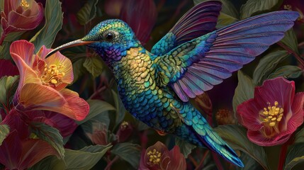 Fototapeta premium Colorful hummingbird feeds on bright flower in a lush garden filled with various plants during daylight hours