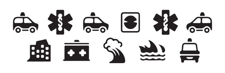 Emergency icons collection featuring medical symbols rescue vehicles and natural disaster elements © FARJANAAKTER