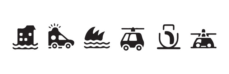 Emergency service icons set showing various disaster response vehicles and natural calamity symbols © FARJANAAKTER