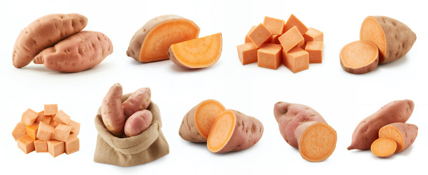 Various sweet potato arrangements and slices sweet potatoes