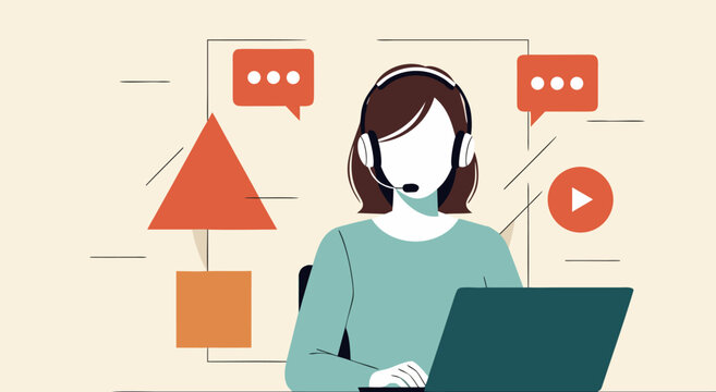 Customer support vector illustration of a woman wearing a headset and working on a laptop with communication icons, representing online service and assistance