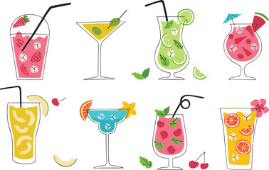 Vector illustration of eight colorful cocktails in unique glasses with fruit garnishes, straws, umbrellas, and herbs, symbolizing summer refreshment, party drinks,  © MstShefaly