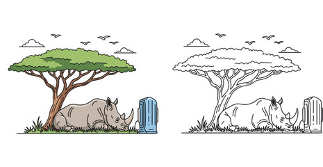 Cartoon rhinoceros resting under an acacia tree and charging from a power bank, featuring colored and black-and-white line art outline versions for a coloring book. © SHOHAG