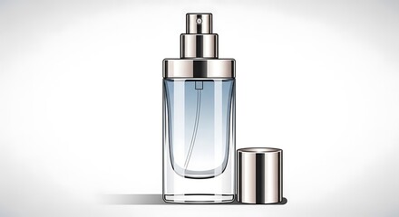 Naklejka premium A clear glass bottle with a silver cap, showcasing a light blue liquid, suggestive of perfume or cologne
