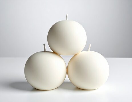 Three ivory spheres stacked, white background, minimalist