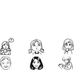 PrintSet of Cute Cartoon Girl Characters with Different Facial Expressions and Emotions, Black and White Vector Illustration.