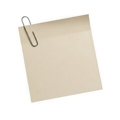 Beige sticky note with metal paperclip isolated on a transparent background blank note adhesive note