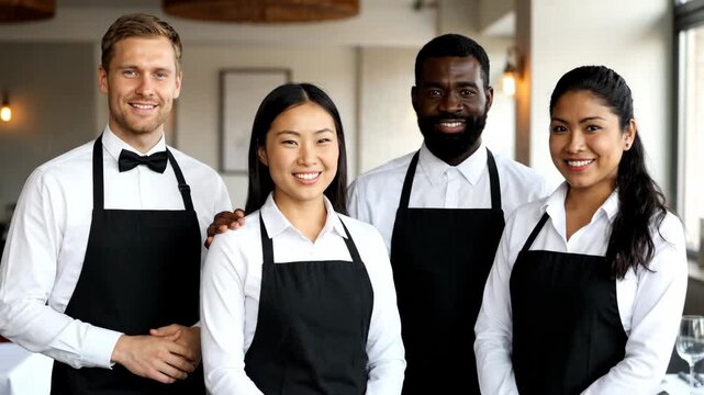 Portrait of a diverse team of multiethnic restaurant staff smiling together. Happy male and female waiters representing teamwork and professional hospitality service in a cafe