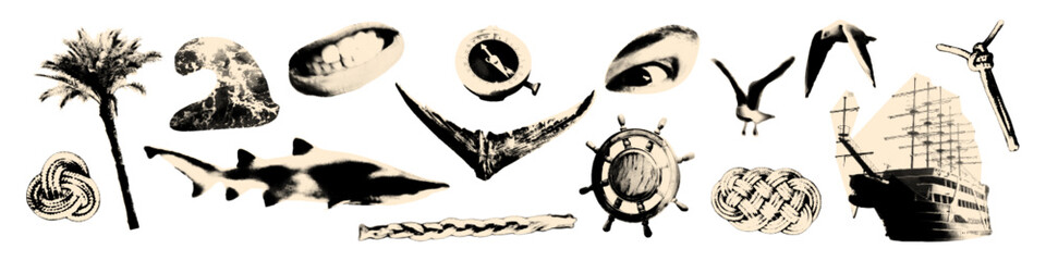 Nautical halftone collage elements set. Sea wave, shark, compass, palm tree, sailing ship, sea knots and seagull. Vintage coastal travel concept stickers. Modern retro vector illustration isolated © ugguggu