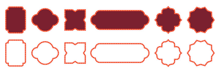 Collection of geometric marquee frames. Vintage cinema ticket borders, retro theater decorative shapes, ornamental red and gold label set. Blank classic heraldic plaque badges vector illustration. © Shekhar438