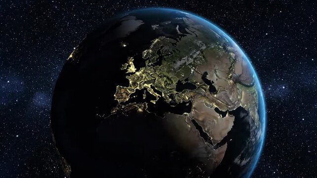 Planet earth from space showing a sequence of zooming in on europe at night. The transition reveals the continents of africa and the middle east for a global business concept