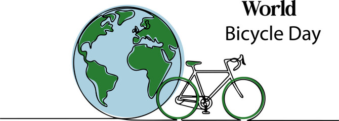World Bicycle Day on the background of a globe with a bike and leaves, World bicycle day hand drawn flat illustration World Bicycle Day creative unique green natural environment, World Bicycle Day