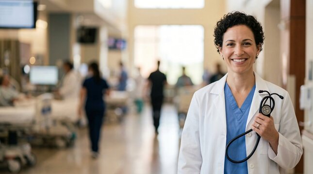 Smiling female doctor in white coat holding stethoscope in hospital hallway with blurred background