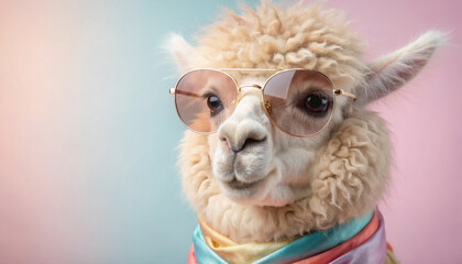Fototapeta premium Stylish Alpaca Wearing Sunglasses With Colorful Scarf Portrait