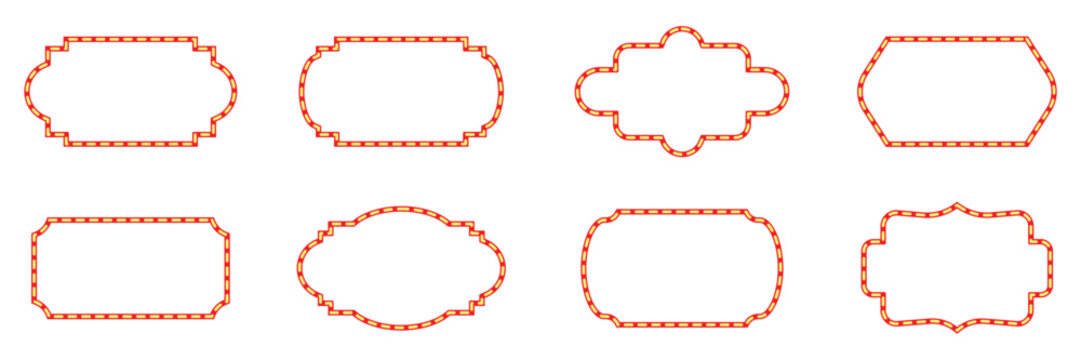 Set of vintage cinema marquee frames. Retro theater outline borders, decorative geometric ticket shapes, red and gold dashed line label collection.