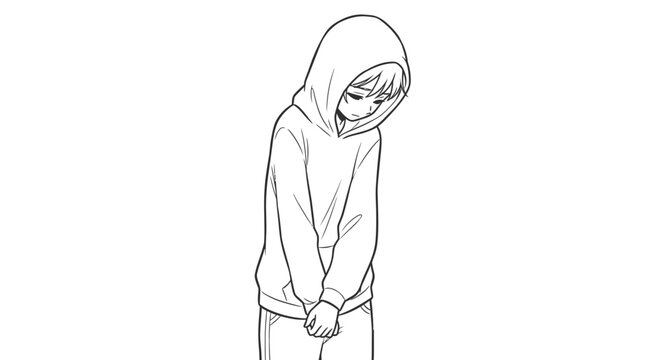 Shy Anime Girl in Hoodie Looking Down, Feeling Embarrassed or Sad