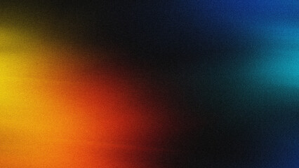 Obraz premium Abstract background featuring a vibrant color gradient from warm orange to cool blue. The design is enhanced with a heavy film grain and noise texture, creating a nostalgic, retro, and cinematic lo-fi