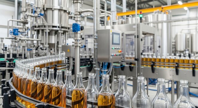 Bottling line in a modern factory showcasing rows of glass bottles filled with amber liquid on a conveyor belt