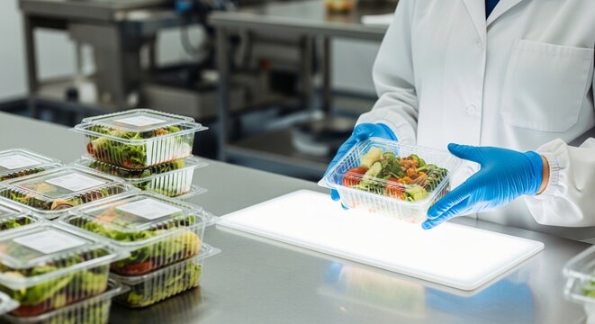 Food production worker in sterile uniform and gloves packaging fresh salads in clear containers