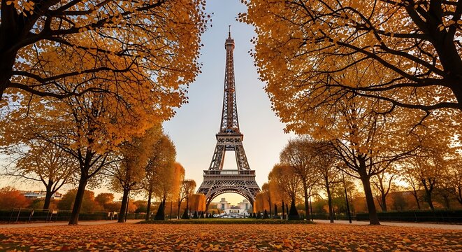 Stunning autumn photos of a famous landmark structure in Europe, showcasing vibrant seasonal colors and beautiful park scenery during a clear day