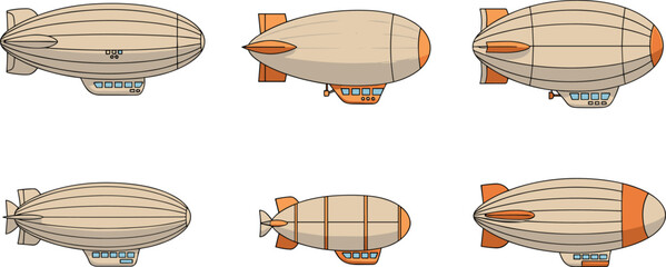 Vintage Airship Zeppelin Blimp Vector Set with Multiple Angles Side Views Retro Flying Balloon Aircraft Illustration Collection Isolated on White Background © ABDUL HAKIM