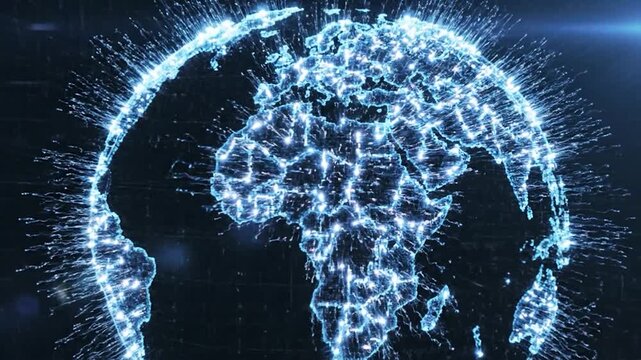 Abstract digital network grid with glowing connections and data flow