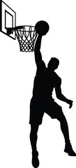 Basketball silhouette icon, slam dunk graphic, sports and athletic symbol, hoop and player action, black vector, white background © MstNilufar