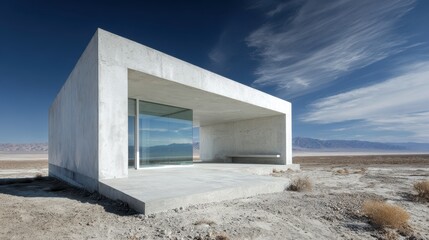 Modern concrete structure sits in a vast dry landscape under a clear sky with distant mountains visible during daylight