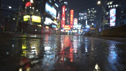 Fototapeta premium Wet urban street at night reflecting vibrant neon city lights and buildings