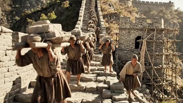 Ancient Chinese Great Wall construction workers carrying bricks up steep steps.