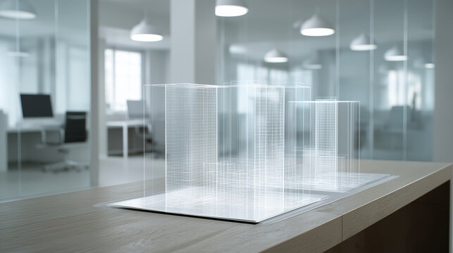Holographic architectural building modeling projecting wireframe structures on office table, visualizing future urban design