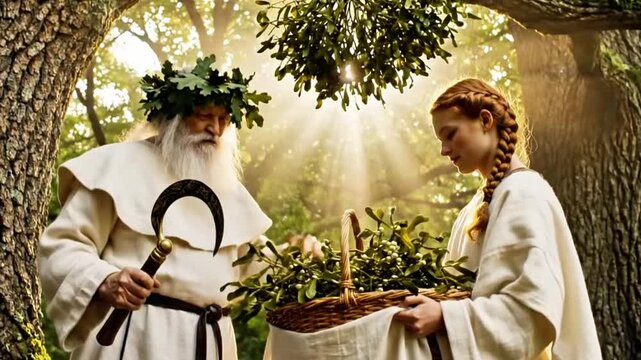 Ancient Celtic druids gathering mistletoe in sacred oak grove, white robes, golden sickle.
