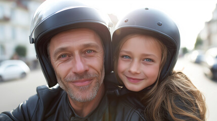 Fototapeta premium Father and daughter wearing protective helmets, looking at viewer, sharing a joyful moment and safe motorcycle journey